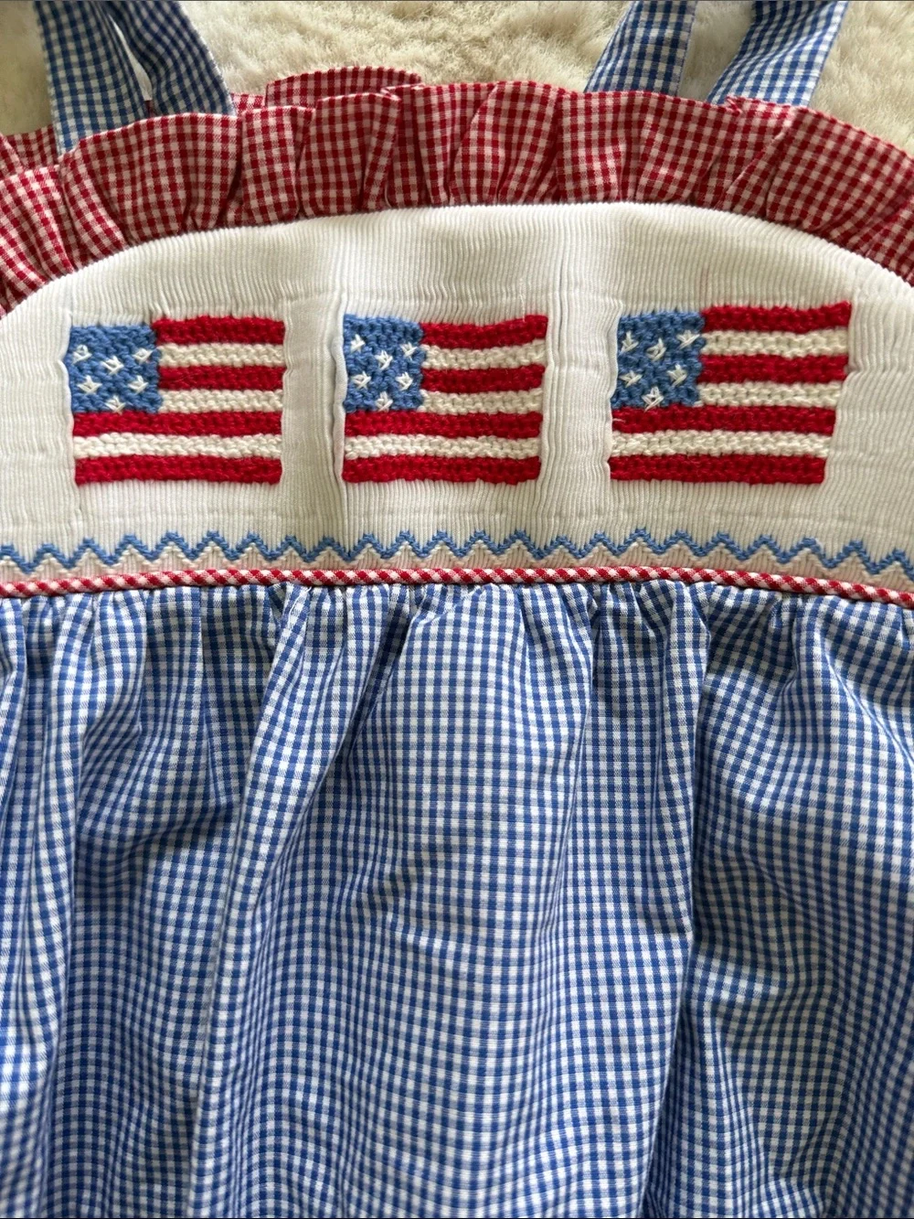 Sticky Fish USA Flag Smocked Blue Gingham Bubble Rompers Set - Size 9 months